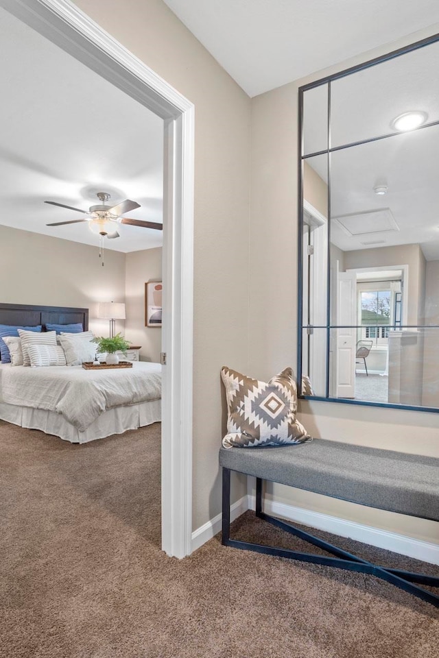 carpeted bedroom with ceiling fan