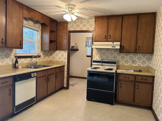 kitchen featuring a sink, open shelves, electric range oven, dishwasher, and under cabinet range hood