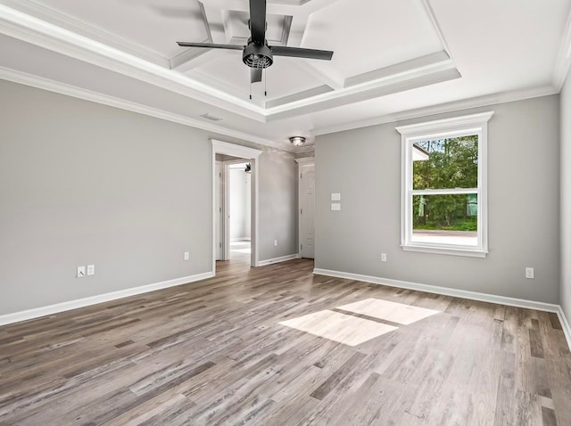 unfurnished bedroom with wood-type flooring, ceiling fan, and coffered ceiling