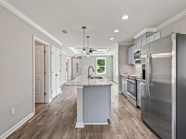 kitchen with hardwood / wood-style flooring, sink, an island with sink, gray cabinetry, and appliances with stainless steel finishes