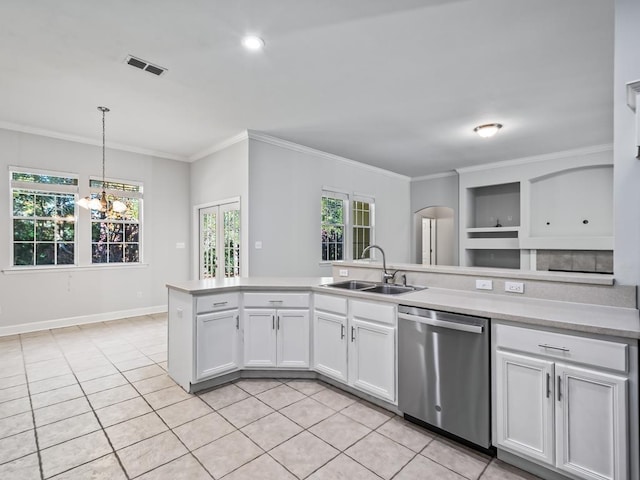 kitchen featuring pendant lighting, dishwasher, white cabinets, sink, and ornamental molding