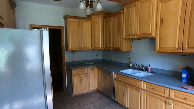 kitchen featuring ceiling fan, sink, tile patterned floors, backsplash, and appliances with stainless steel finishes