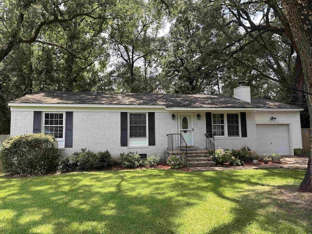 1208 Halifax Ct, Tallahassee, FL 32308 - single story home with an attached garage, brick siding, a chimney, and a front lawn