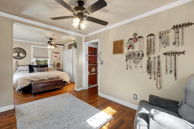 bedroom featuring ceiling fan, dark hardwood / wood-style flooring, and crown molding