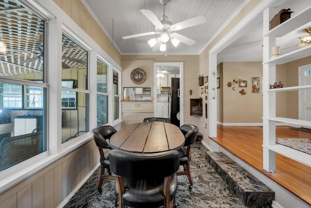 sunroom / solarium featuring ceiling fan and wood ceiling