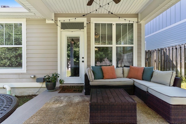 exterior space with an outdoor hangout area and ceiling fan