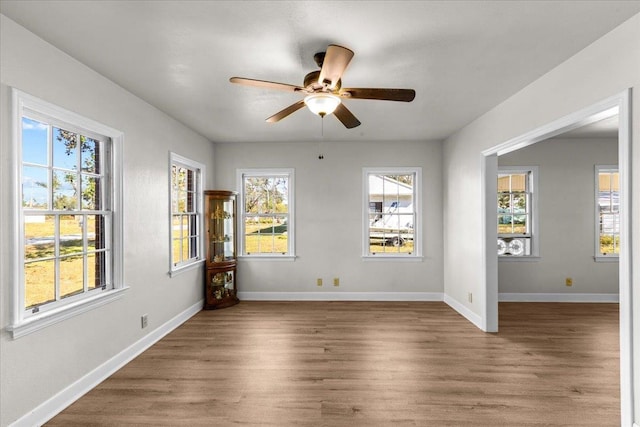 spare room with dark hardwood / wood-style floors, a wealth of natural light, and ceiling fan