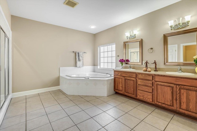 bathroom featuring tile patterned flooring, vanity, and independent shower and bath