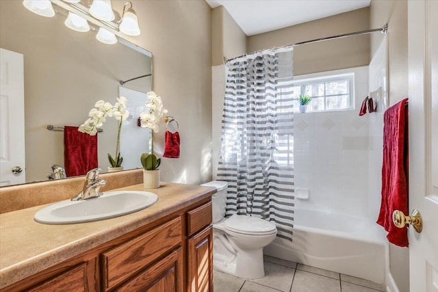 full bathroom with tile patterned flooring, vanity, toilet, and shower / bath combo with shower curtain