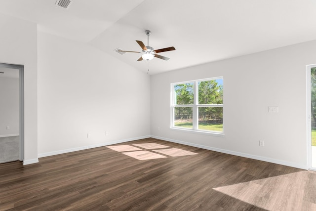 unfurnished room with ceiling fan, dark wood-type flooring, and vaulted ceiling