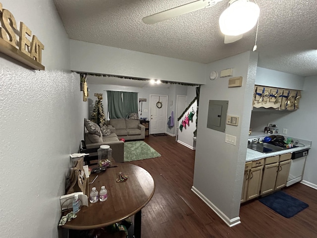 living room with sink, a textured ceiling, dark hardwood / wood-style flooring, and electric panel