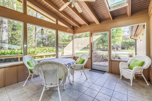 sunroom / solarium with vaulted ceiling with beams, wood ceiling, and a ceiling fan