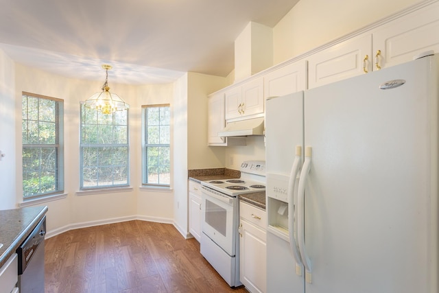 kitchen with white appliances, white cabinetry, hanging light fixtures, hardwood / wood-style floors, and a healthy amount of sunlight