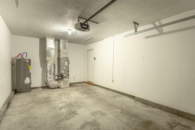 garage with heating unit, a garage door opener, and water heater