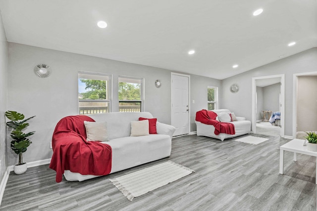 living room featuring lofted ceiling and light wood-type flooring