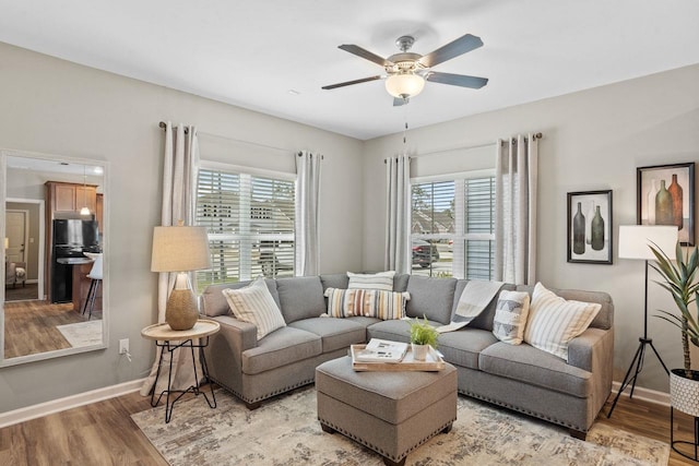 living room with ceiling fan, plenty of natural light, and light hardwood / wood-style floors