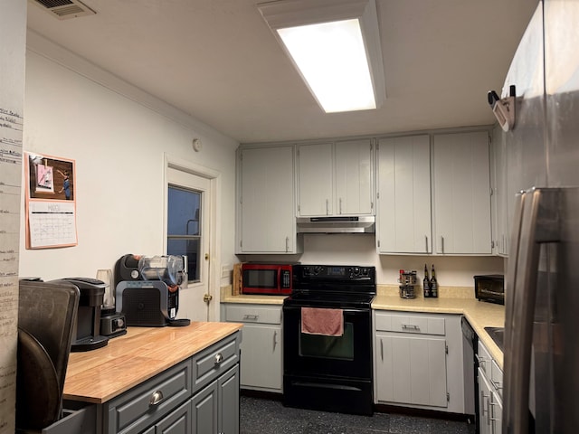 kitchen featuring dishwashing machine, electric range, gray cabinets, under cabinet range hood, and stainless steel fridge