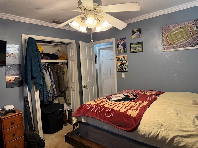 bedroom featuring carpet, ceiling fan, ornamental molding, a closet, and a textured wall