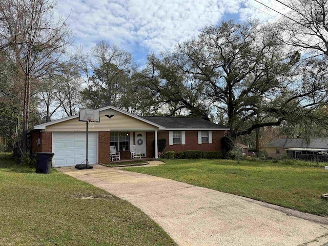 single story home with brick siding, concrete driveway, a front yard, covered porch, and an attached garage