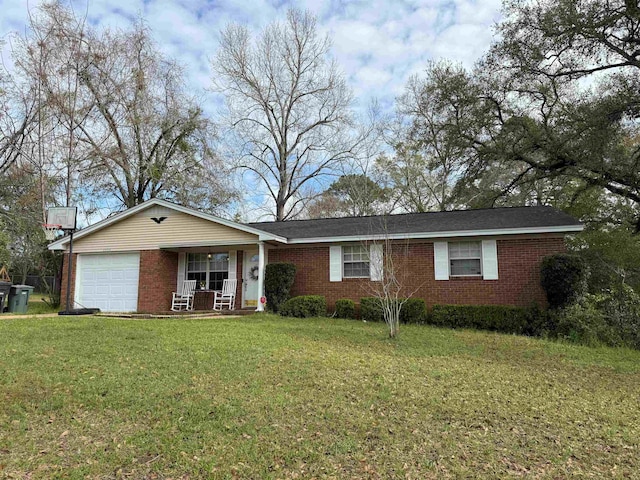 ranch-style house featuring brick siding, an attached garage, covered porch, and a front yard