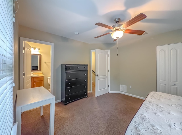2027 Ann Arbor Ave Unit 1501, Tallahassee, FL 32304 - carpeted bedroom with baseboards, a closet, a sink, ceiling fan, and connected bathroom