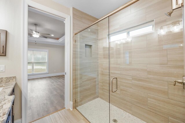 bathroom with ceiling fan, a tray ceiling, wood-type flooring, vanity, and an enclosed shower