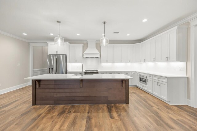 kitchen featuring white cabinetry, custom exhaust hood, appliances with stainless steel finishes, and dark hardwood / wood-style floors