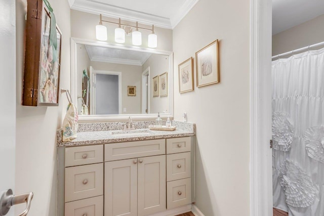 bathroom with vanity, ornamental molding, and a shower with shower curtain