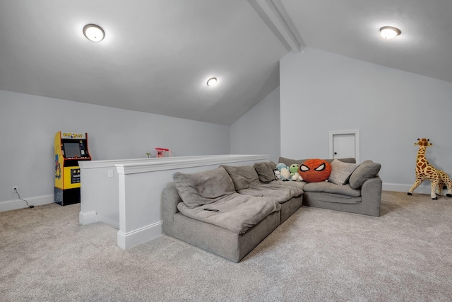 carpeted living room with vaulted ceiling with beams