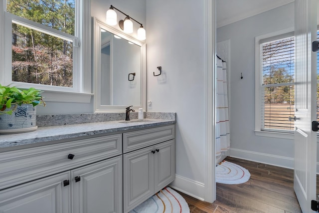 bathroom with vanity, curtained shower, a wealth of natural light, and hardwood / wood-style flooring