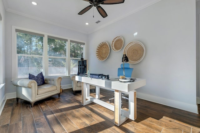 office area featuring crown molding, dark hardwood / wood-style floors, and ceiling fan