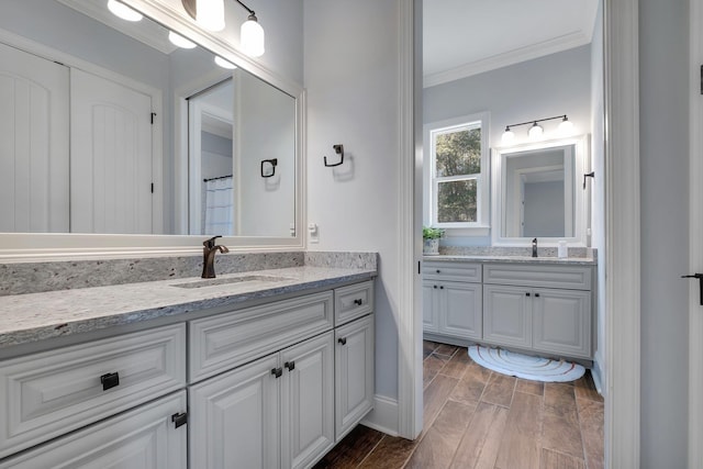 bathroom featuring ornamental molding and vanity