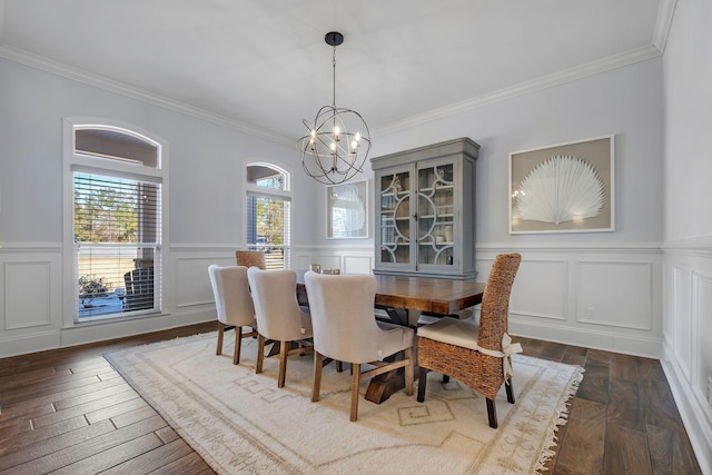 dining room featuring a notable chandelier, dark wood-type flooring, and plenty of natural light