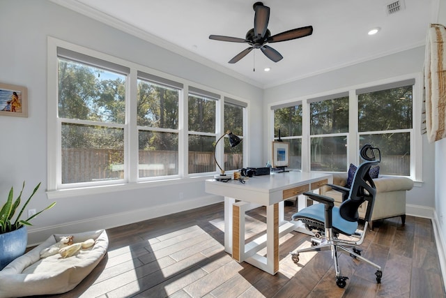 office with ornamental molding, dark hardwood / wood-style floors, and ceiling fan