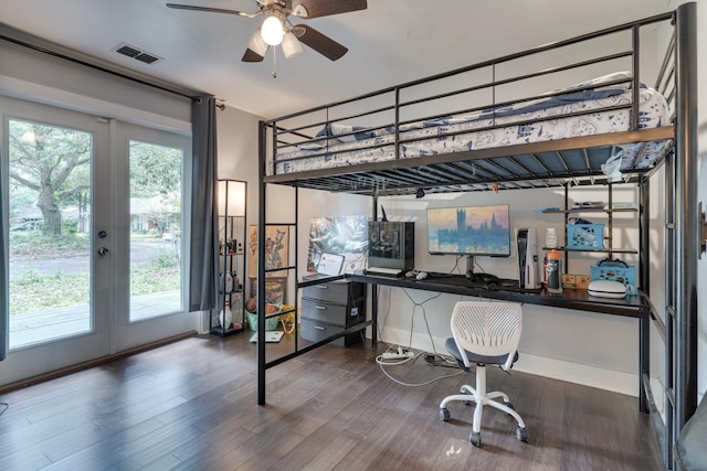 2414 Glenshire Ln, Tallahassee, FL 32308 - bedroom with french doors, an office area, access to exterior, wood finished floors, and baseboards