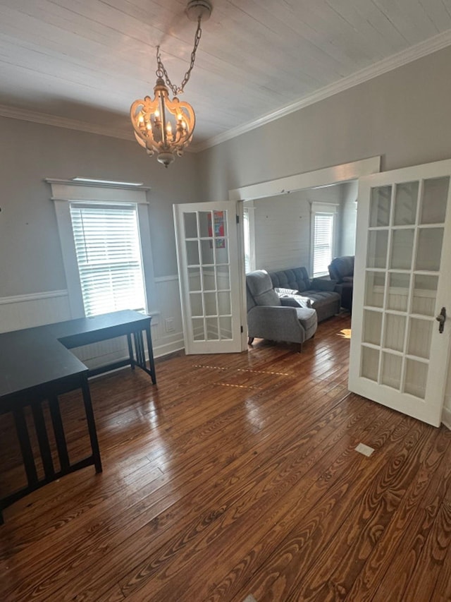 unfurnished dining area with dark wood-type flooring, a healthy amount of sunlight, and wood ceiling