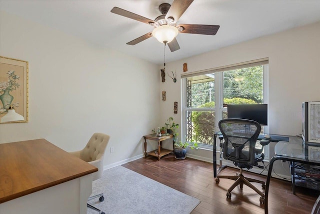 office space featuring dark wood finished floors, a ceiling fan, and baseboards