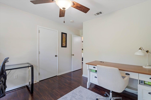 office featuring ceiling fan, visible vents, baseboards, and wood finished floors