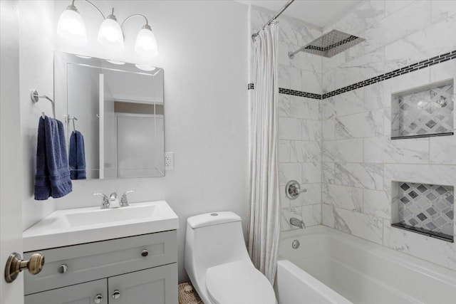 bathroom featuring shower / tub combo with curtain, vanity, and toilet