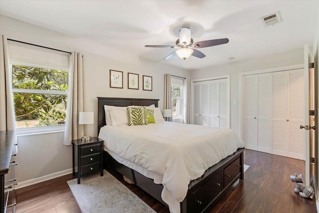 bedroom featuring visible vents, multiple windows, multiple closets, and dark wood-style flooring