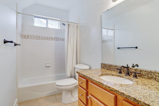 bathroom featuring shower / bath combination with curtain, vanity, toilet, and tile patterned floors