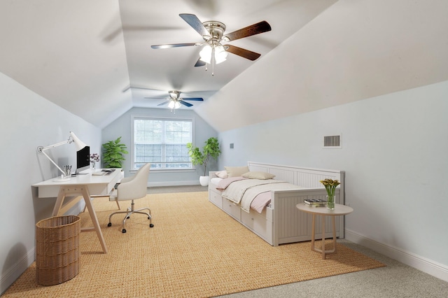 bedroom featuring lofted ceiling, baseboards, light carpet, and visible vents