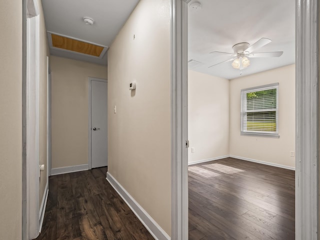 corridor with dark wood-type flooring and baseboards