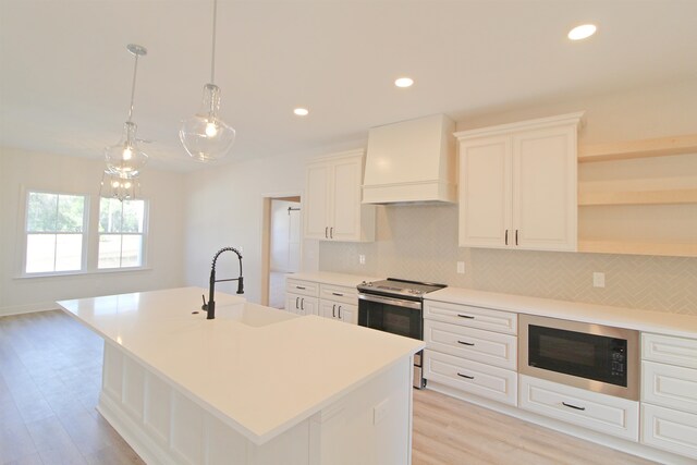 kitchen with an island with sink, sink, custom exhaust hood, and appliances with stainless steel finishes