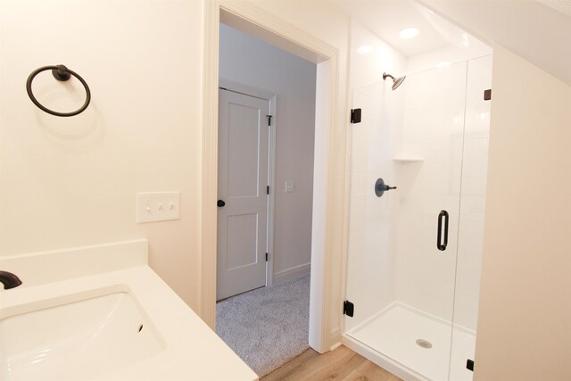 bathroom with sink, wood-type flooring, and a shower with door