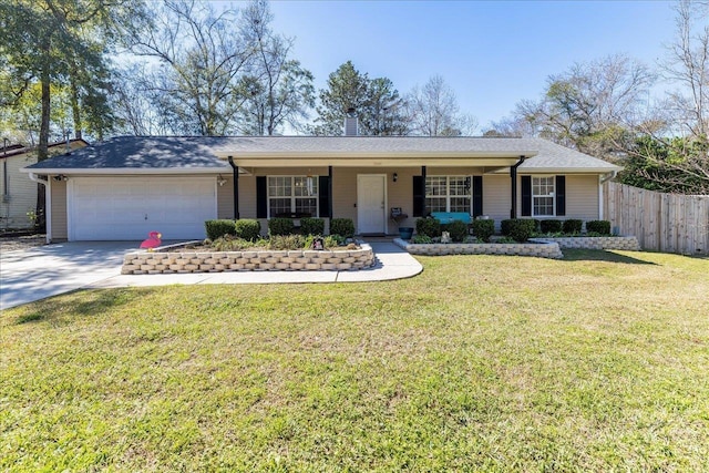 ranch-style house with a garage, concrete driveway, a front yard, and fence