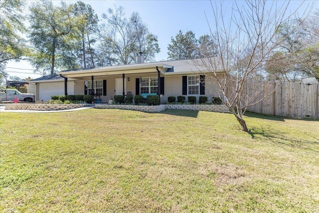 ranch-style house with a chimney, a porch, an attached garage, a front yard, and fence