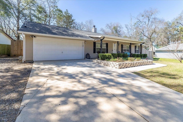 single story home with a chimney, concrete driveway, covered porch, an attached garage, and fence