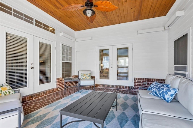 view of patio featuring french doors, ceiling fan, and an outdoor hangout area