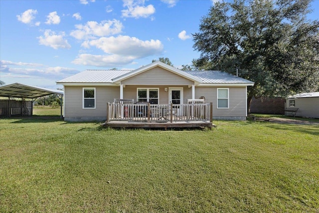1439 W Lyman Hendry Rd, Perry, FL 32347 - back of house featuring a wooden deck, a carport, a lawn, crawl space, and a metal roof